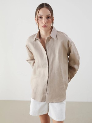 Lcw Vision Bej Oversize %100 Keten Kadın Gömlek
