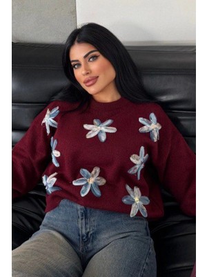 Ded Collection Kadın Renkli Çiçek Nakışlı Bisiklet Yaka Yumuşak Dokulu Triko Kazak