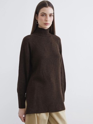 Lcw Modest Kahverengi Balıkçı Yaka Oversize Kadın Triko Tunik