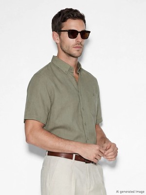 LC Waikiki Lcwaıkıkı Classic Haki Regular Fit Keten Karışımlı Erkek Gömlek