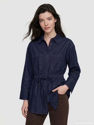 LC Waikiki Lcw Comfort Indigo Büzgülü Kadın Jean Gömlek Tunik