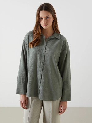 Lcw Vision Haki Dokulu Oversize Krinkle Kadın Gömlek