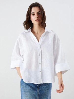 Lcw Vision Beyaz Oversize %100 Keten Kadın Gömlek