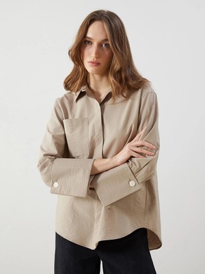 Lcw Modest Bej Oversize Poplin Kadın Gömlek Tunik