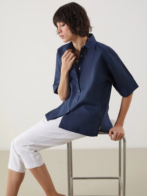 Lcw Vision Indigo Oversize %100 Keten Kadın Gömlek