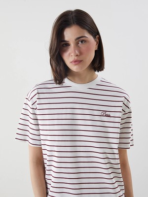 Lcw Modest Bordo Bisiklet Yaka Çizgili Kadın Tunik