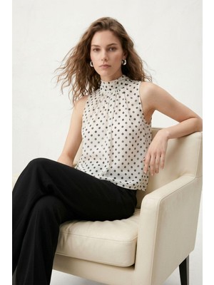 Rays Ekru Halter Yaka Puantiyeli Şifon Bluz 2932