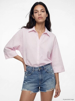 Lcw Vision Pembe Çizgili Oversize Poplin Kadın Gömlek