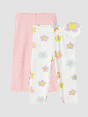 LC Waikiki Lcw Kids Ekru Çiçekli Kız Çocuk Tayt 2'li