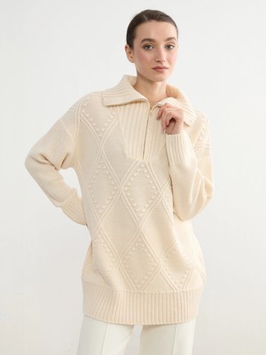 Lcw Modest Bej Polo Yaka Baklava Desenli Kadın Triko Tunik