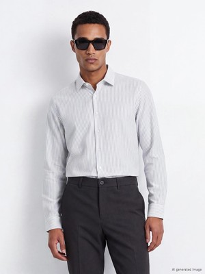Lcw Busıness Bej Slim Fit Çizgili Gabardin Erkek Gömlek