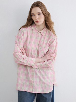Lcw Modest Pembe Ekose Oversize Kadın Gömlek