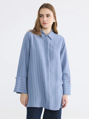 LC Waikiki Lcw Everyday Indigo Çizgili Kadın Gömlek Tunik