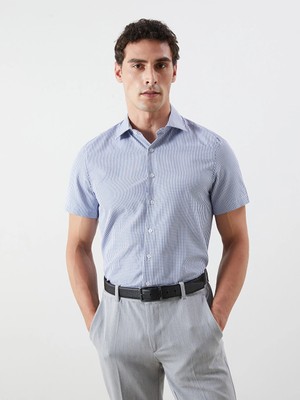 Lcw Busıness Mavi Regular Fit Kısa Kollu Ekose Poplin Erkek Gömlek
