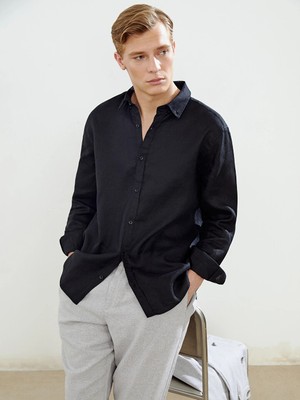 Lcw Vision Siyah Slim Fit Uzun Kollu %100 Keten Erkek Gömlek