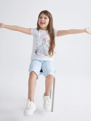 LC Waikiki Lcw Kids Beyaz Bisiklet Yaka Elsa Baskılı Kız Çocuk Pijama Takımı