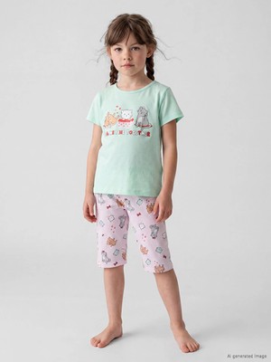 LC Waikiki Lcw Kids Turkuaz Kedi Baskılı Kız Çocuk Kaprili Pijama Takımı