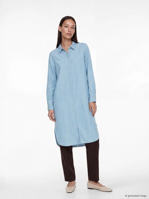 LC Waikiki Lcw Everyday Indigo Gömlek Yaka Kadın Jean Tunik