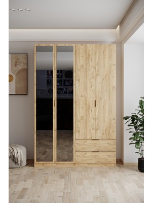 EVDEMO Yakut Aynalı 4 Kapaklı 2 Çekmeceli Gardırop 210 cm Atlantik Çam