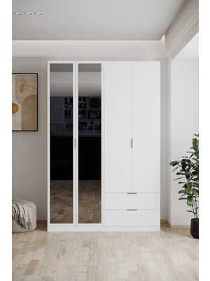 EVDEMO Yakut Aynalı 4 Kapaklı 2 Çekmeceli Gardırop 210 cm Beyaz