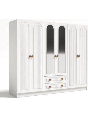 PlatinReyon Bohem 6 Kapak 2 Çekmeceli Beyaz Aynalı Gardırop MDF Kapak Modern Tasarım