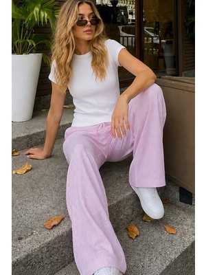 Siyah İnci Pembe Çizgi Desenli Üst Pamuklu Fitilli Kaşkorse T-Shirt Ince Soft Örme Pijama Takımı 8047