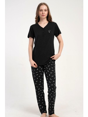 Kezokino Kadın Yarım Düğmeli Kısa Kollu Siyah Pijama Takımı C9T8N2215