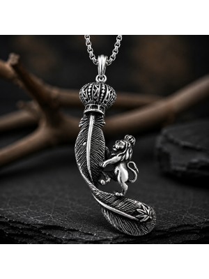 Voyage Accessory Paslanmaz Çelik Tüy Detaylı Kraliyet Aslan Kolye