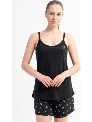 Kezokino Kadın Ince Askılı Şortlu Siyah Pijama Takımı C0T9N2215