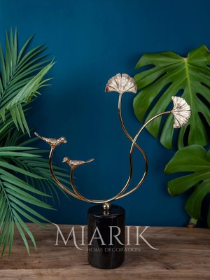 Miarik Design Dekoratif Siyah Mermer Kaideli Tekli Ginko Kuş Detaylı Dekor