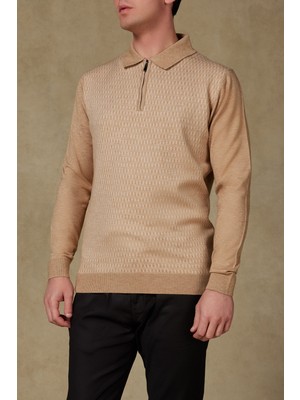 Abbate Claro Örme Kumaş Kaşmir Karışımlı Modern Fit Bej Polo Yaka Erkek Desenli Triko