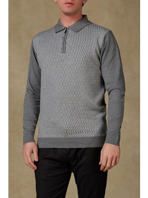 Abbate Claro Örme Kumaş Kaşmir Karışımlı Modern Fit Gri Polo Yaka Erkek Desenli Triko