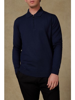 Abbate Claro Örme Kumaş Kaşmir Karışımlı Modern Fit Lacivert Polo Yaka Erkek Düz Triko