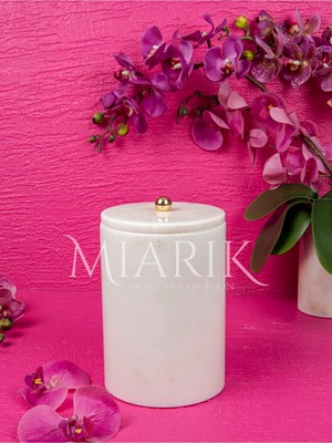 Miarik Design Dekoratif Beyaz Mermer Çöp Kovası Yaprak Aksesuar Detaylı