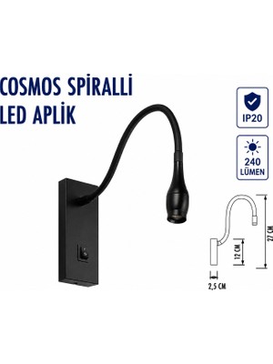 Lampist 3W Sipralli Yatak Başı Aplik Siyah 3000K