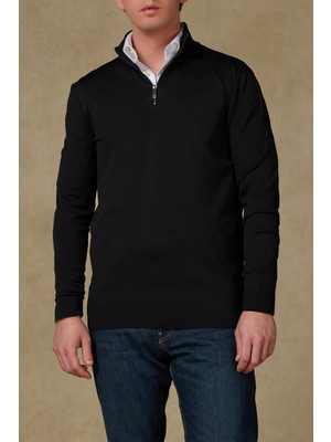Abbate Velo Örme Kumaş Rayon Karışımlı Modern Fit Siyah Dik Yaka Erkek Düz Triko