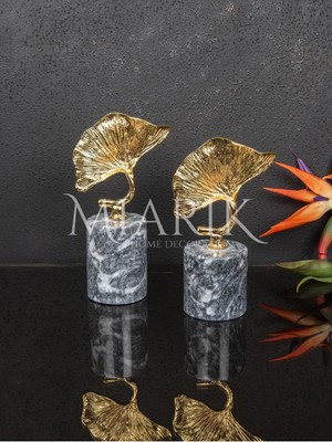 Miarik Design Dekoratif Bursa Siyahı Gri Mermer Kaideli 2 Li Gold Mantar Dekor