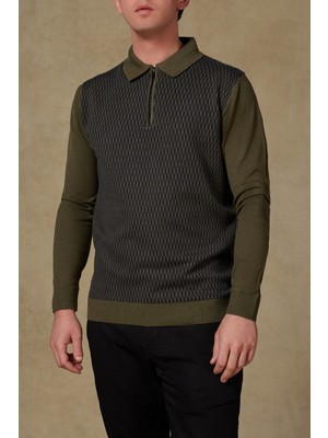 Abbate Claro Örme Kumaş Kaşmir Karışımlı Modern Fit Haki Polo Yaka Erkek Desenli Triko