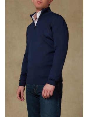 Abbate Velo Örme Kumaş Rayon Karışımlı Modern Fit Lacivert Dik Yaka Erkek Düz Triko