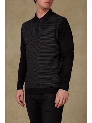 Abbate Claro Örme Kumaş Kaşmir Karışımlı Modern Fit Siyah Polo Yaka Erkek Desenli Triko
