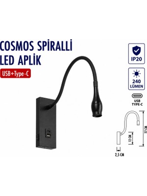 Lampist 3W Sipralli Yatak Başı Aplik Siyah Type-C 3000K