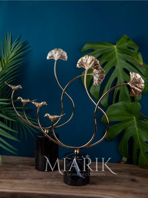 Miarik Design Dekoratif Siyah Mermer Kaideli Ikili Ginko Kuş Detaylı Dekor