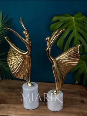 Miarik Design Dekoratif Beyaz Mermer Kaideli 2li Gold Balerin Dekor