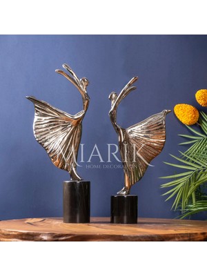 Miarik Design Dekoratif Siyah Mermer Kaideli 2li Gümüş Balerin Dekor