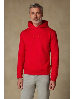 Abbate Hoodie Örme Kumaş Pamuklu Comfort Fit Kırmızı Kapüşonlu Erkek Nakışlı Hoodie