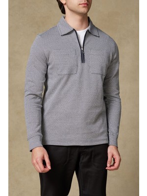Abbate Milo Örme Kumaş Pamuklu Modern Fit Lacivert Polo Yaka Erkek Desenli Sweatshirt