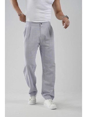 Pileli Baggy Fit Kalıp Pamuklu Keten Çizgili Pantolon
