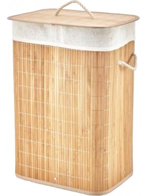 MiraLive Dikdörtgen Bambu Ahşap Kirli Çamaşır Sepeti 40X30X60CM Seyyar Kapaklı Içi Bezli Ip Kulplu (4887)