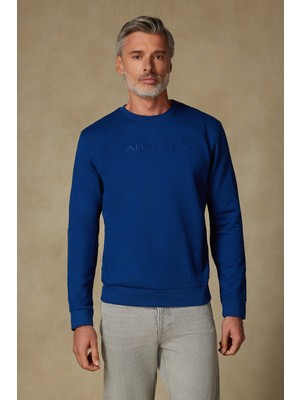 Abbate Sweatshirt Örme Kumaş Pamuklu Comfort Fit Saks Bisiklet Yaka Erkek Nakışlı Sweatshirt