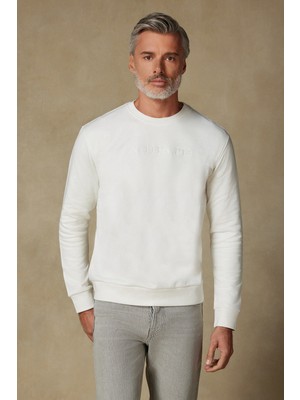 Abbate Sweatshirt Örme Kumaş Pamuklu Comfort Fit Beyaz Bisiklet Yaka Erkek Nakışlı Sweatshirt